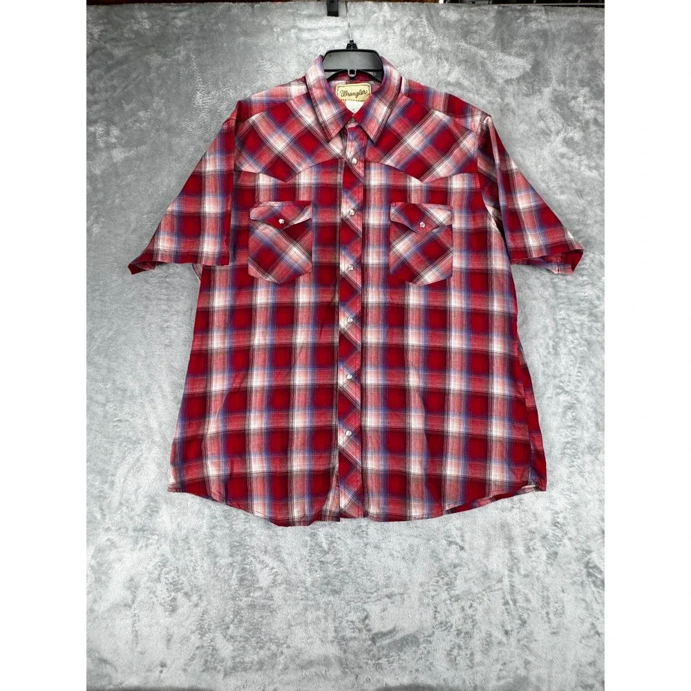 Wrangler Mens Western Shirt XL Red Plaid Pearl Snap Short Sleeve Cotton Blend